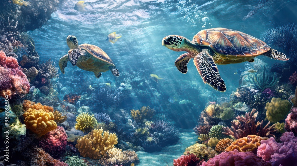 Graceful Turtles Swimming Among Vibrant Coral Reefs Graceful Turtles Swimming Among Vibrant Coral Reefs