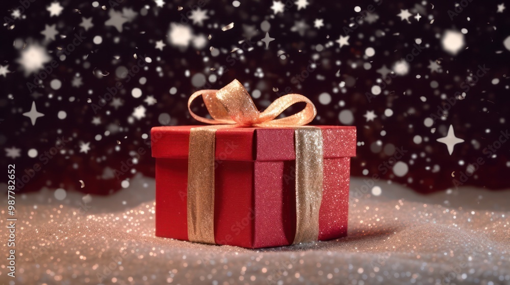 Red Gift Box With Gold Bow Under Snowfall Red Gift Box With Gold Bow Under Snowfall