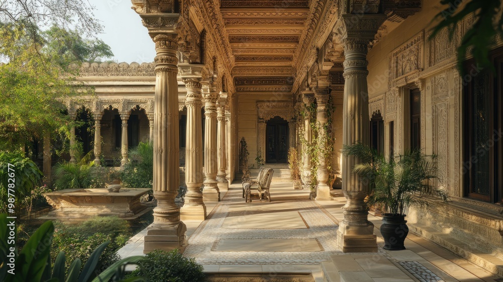 Obraz premium Ornate Courtyard with Columns and Sunlight in an Indian Palace