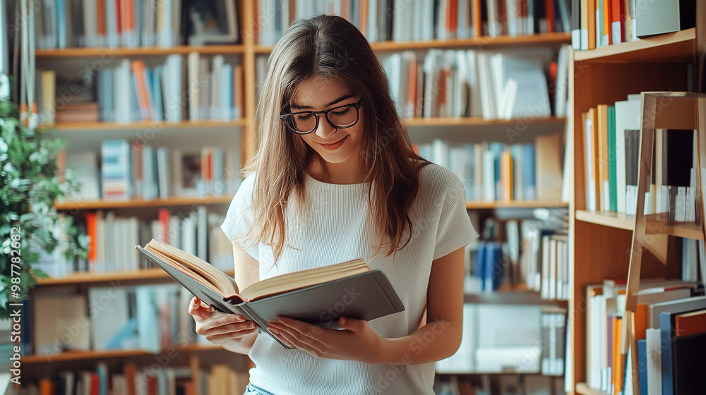 Young woman reading a book while standing in a cozy library filled with bookshelves Young woman reading a book while standing in a cozy library filled with bookshelves