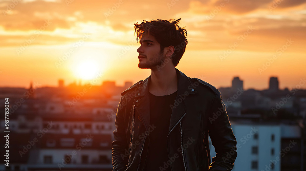 Fototapeta premium A young man in a leather jacket stands on a rooftop as the sun sets over the city.