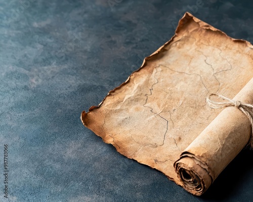 A faded map of an unknown land, rolled and tied with a frayed ribbon, an artifact from an explorer s journey photo