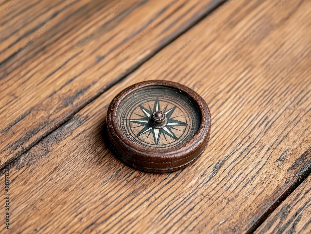 A dusty antique compass with intricate engravings, resting on a wooden table, symbol of navigation history A dusty antique compass with intricate engravings, resting on a wooden table, symbol of navigation history