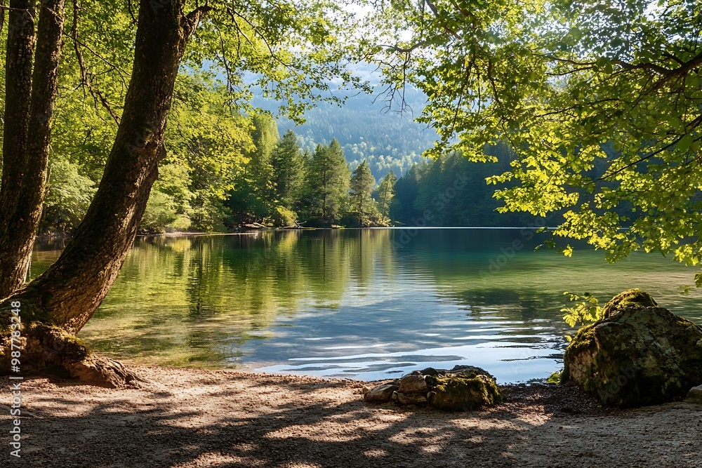 Tranquil forest lake with lush greenery and clear blue water Tranquil forest lake with lush greenery and clear blue water