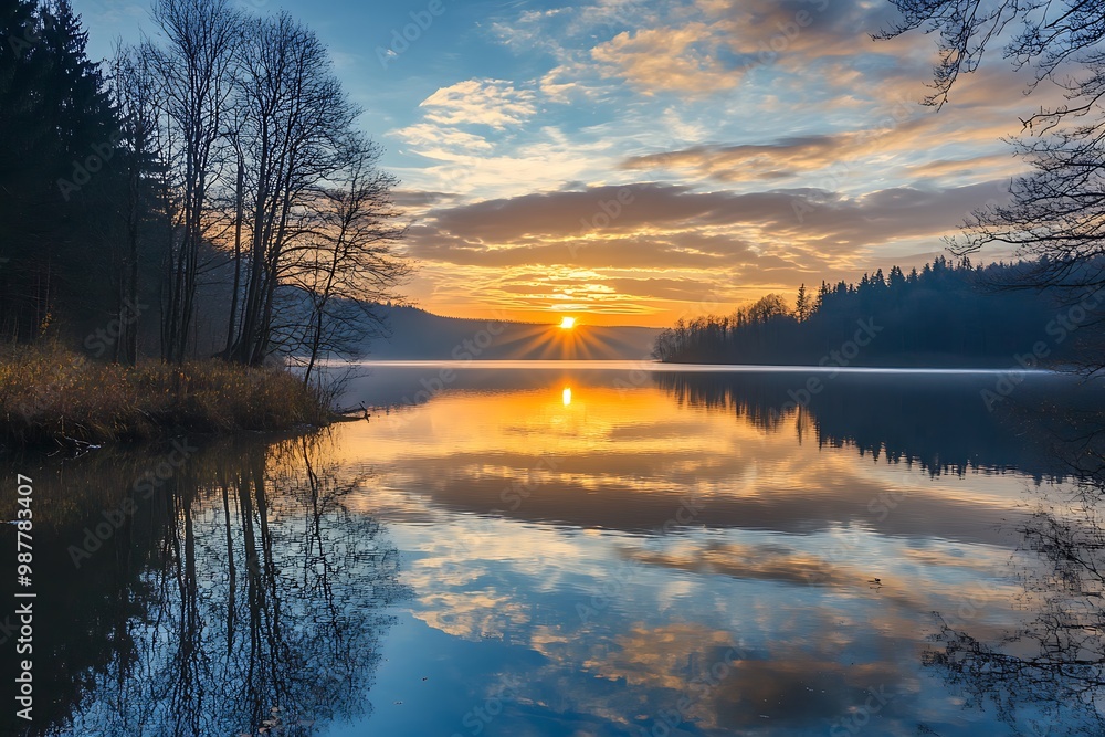 Sunrise over calm lake with reflection and trees in the foreground Sunrise over calm lake with reflection and trees in the foreground