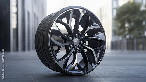 A visually stunning image of an alloy wheel, crafted in black and silver hues. Its seamless design captivates, featuring a gleaming hubcap that reflects the intricate automotive architecture photo