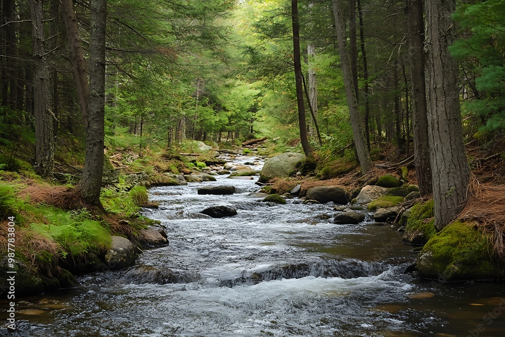 Obraz premium Tranquil Stream Flowing Through Lush Forest
