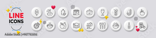 Candy, Cherry and Salad line icons. White buttons 3d icons. Pack of Beer glass, Food delivery, Market icon. Food, Calories, Beer pictogram. Apple, Water glass, Saucepan. Vector