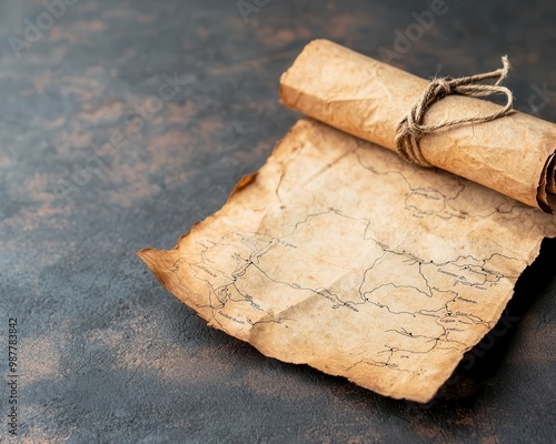 A faded map of an unknown land, rolled and tied with a frayed ribbon, an artifact from an explorer s journey photo