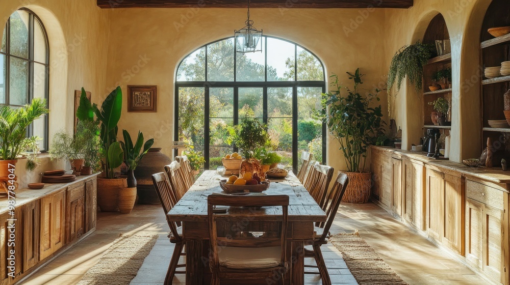 Rustic Dining Room with Arched Windows and Wooden Furnishings Rustic Dining Room with Arched Windows and Wooden Furnishings