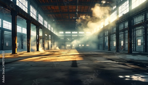 Abandoned warehouse illuminated by sunlight and shrouded in smoke, evoking a sense of horror and danger in an industrial setting photo