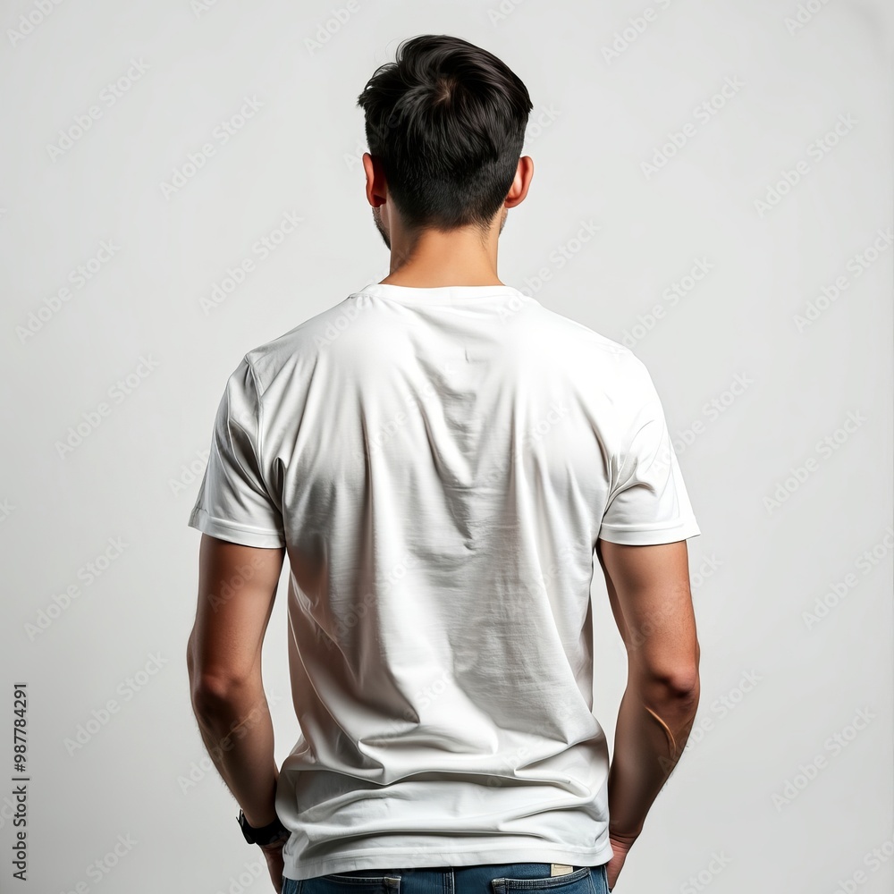 man in white t shirt back view with white background 