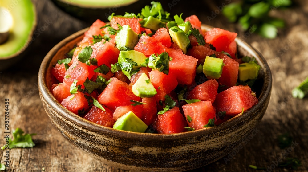 A bowl of watermelon salsa with diced avocado and cilantro, isolated on a rustic wooden background for a fresh, homemade feel A bowl of watermelon salsa with diced avocado and cilantro, isolated on a rustic wooden background for a fresh, homemade feel