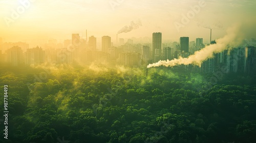 The image showcases a city skyline shrouded in morning mist, with smoke rising from buildings against a backdrop of lush greenery, symbolizing the intersection of urban development and nature