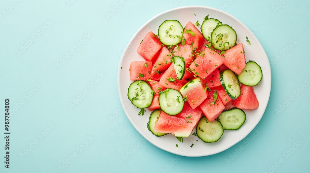 A refreshing watermelon and cucumber salad with lime zest, isolated on a white plate with a pale blue background for a beachy summer look A refreshing watermelon and cucumber salad with lime zest, isolated on a white plate with a pale blue background for a beachy summer look