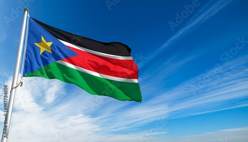 南スーダンの国旗(waving national flag of South Sudan.) 