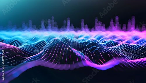 Vibrant audio waveform visualization in blue and purple, showcasing abstract technology and the dynamic essence of sound waves and frequency signals photo