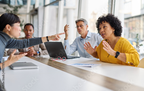 business problem fight office team meeting stress businesswoman conflict woman businessman job argue angry manager corporate tired asian black latina  arguing unhappy boss fighting photo