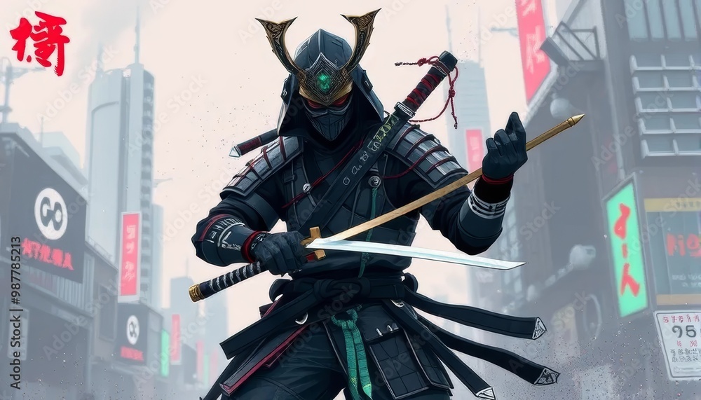 Naklejka premium Urban Cyberpunk Samurai 