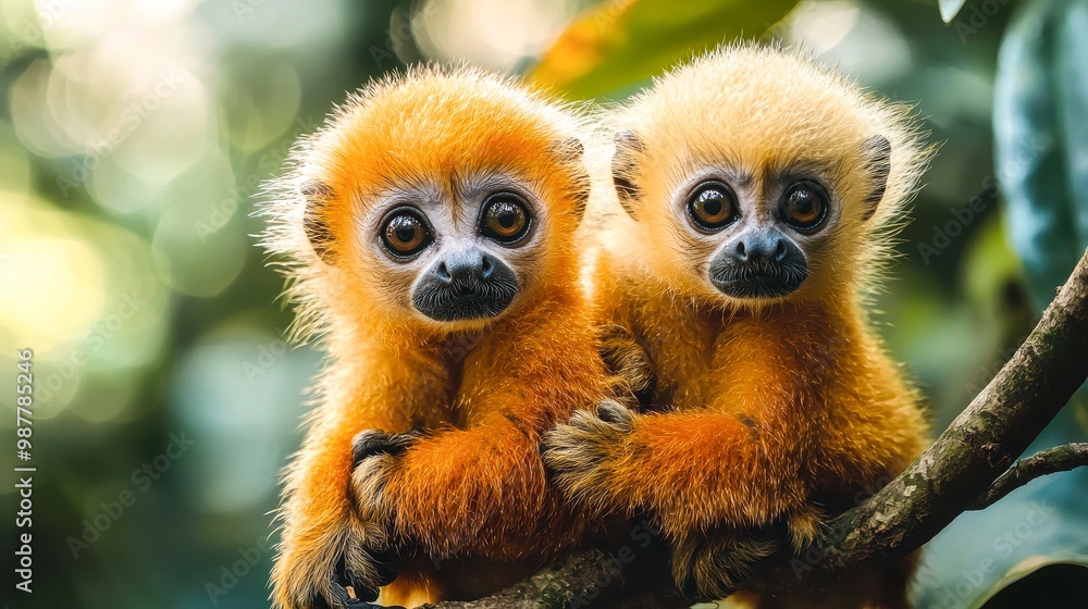 Two adorable baby gibbons sit closely on a branch, showcasing their bright orange fur and expressive eyes, This image is ideal for wildlife articles, children's books, or nature-themed presentations, Two adorable baby gibbons sit closely on a branch, showcasing their bright orange fur and expressive eyes, This image is ideal for wildlife articles, children's books, or nature-themed presentations,