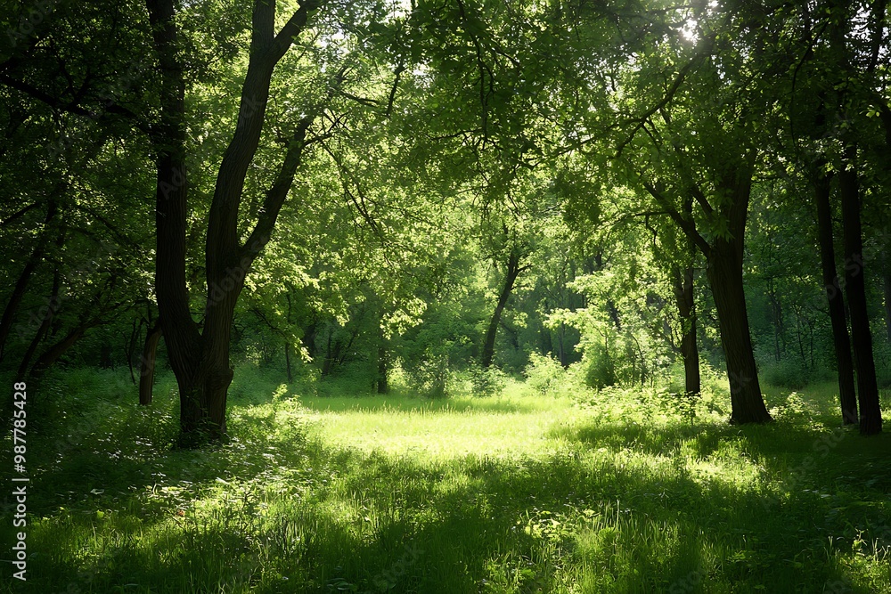 Naklejka premium Sunlight streaming through trees in a lush green forest clearing. Tranquil and peaceful natural scene