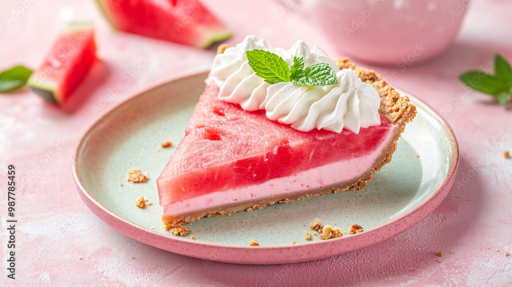 A slice of watermelon tart with a nutty crust and cream cheese frosting, isolated on a soft pastel background for a light and refreshing dessert look A slice of watermelon tart with a nutty crust and cream cheese frosting, isolated on a soft pastel background for a light and refreshing dessert look