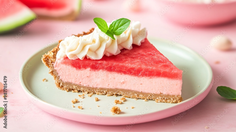 A slice of watermelon tart with a nutty crust and cream cheese frosting, isolated on a soft pastel background for a light and refreshing dessert look A slice of watermelon tart with a nutty crust and cream cheese frosting, isolated on a soft pastel background for a light and refreshing dessert look