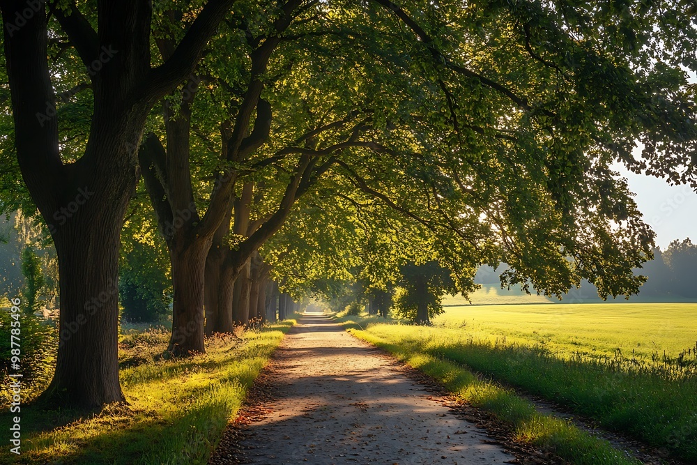 Naklejka premium Sunbeams shining through trees on a path in the countryside. Scenic nature photo