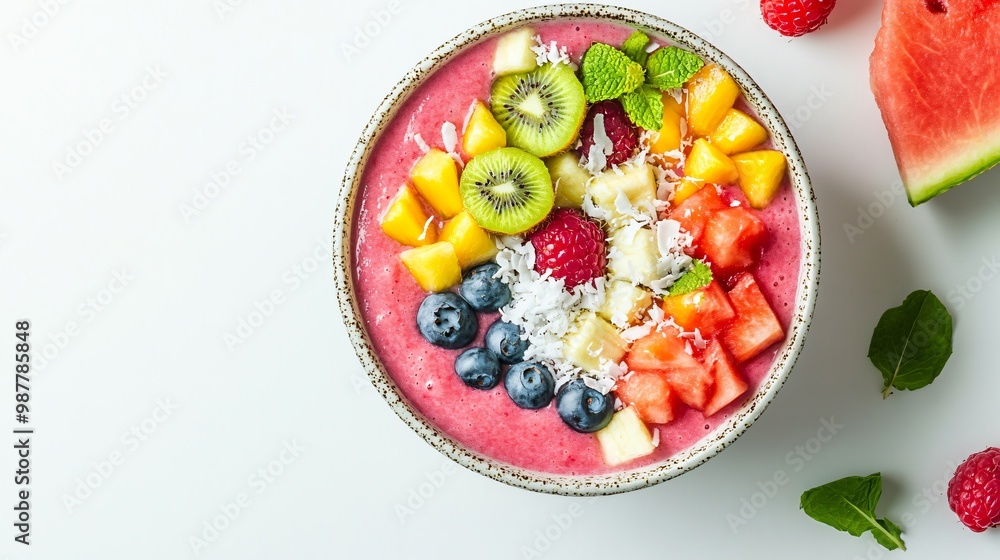 A watermelon and coconut milk smoothie bowl topped with tropical fruits, isolated on a clean white background for a healthy, tropical aesthetic A watermelon and coconut milk smoothie bowl topped with tropical fruits, isolated on a clean white background for a healthy, tropical aesthetic
