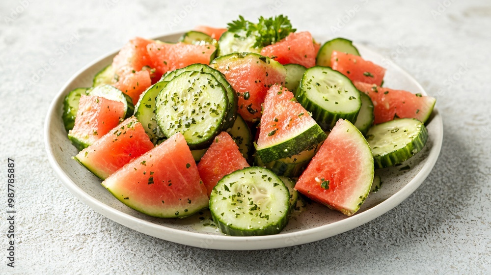 A watermelon and cucumber salad with a citrus dressing, isolated on a light grey background for a fresh, healthy dish presentation A watermelon and cucumber salad with a citrus dressing, isolated on a light grey background for a fresh, healthy dish presentation