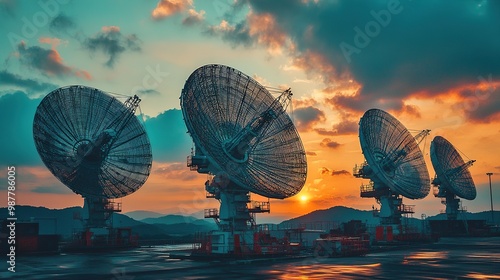 A stunning sunset illuminates large satellite dishes, creating a captivating scene of technology blending with nature. photo