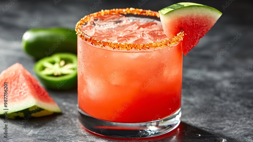 A watermelon and jalapeno margarita with a spicy rim, isolated on a dark grey background to emphasize the bold flavors A watermelon and jalapeno margarita with a spicy rim, isolated on a dark grey background to emphasize the bold flavors