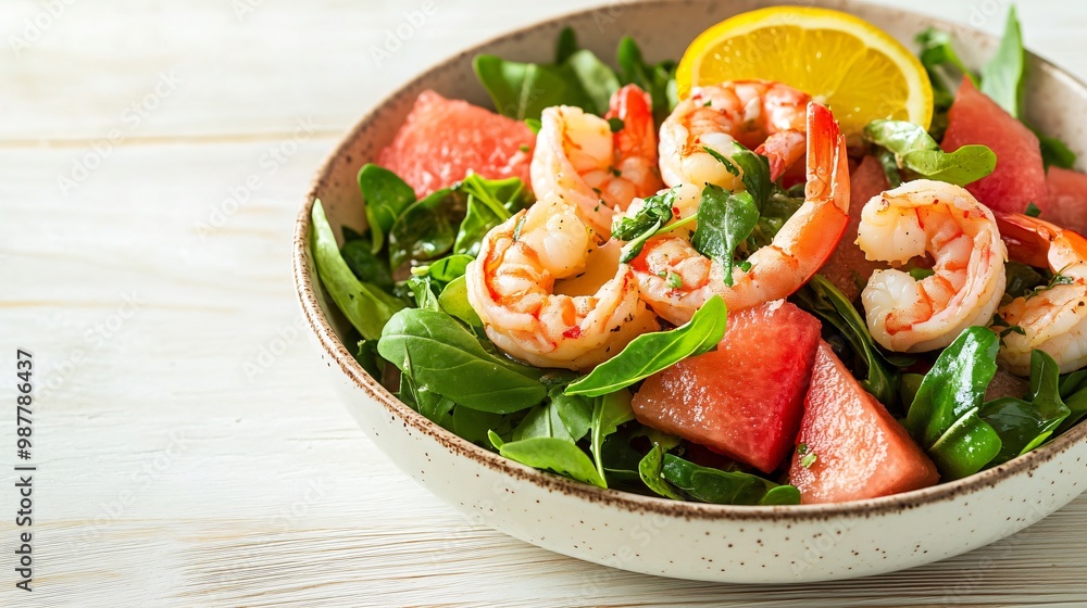 A watermelon and shrimp salad with a citrus vinaigrette, isolated on a light wood background for a fresh, beachside dish feel A watermelon and shrimp salad with a citrus vinaigrette, isolated on a light wood background for a fresh, beachside dish feel