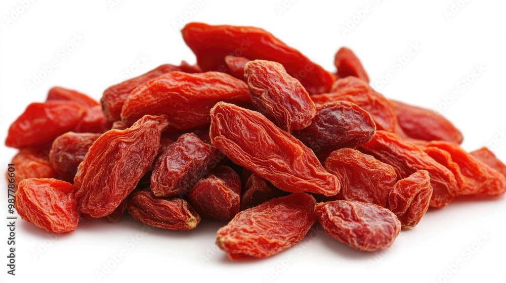 Dried Goji Berries with Vibrant Red Color and Wrinkled Texture on White Background Dried Goji Berries with Vibrant Red Color and Wrinkled Texture on White Background