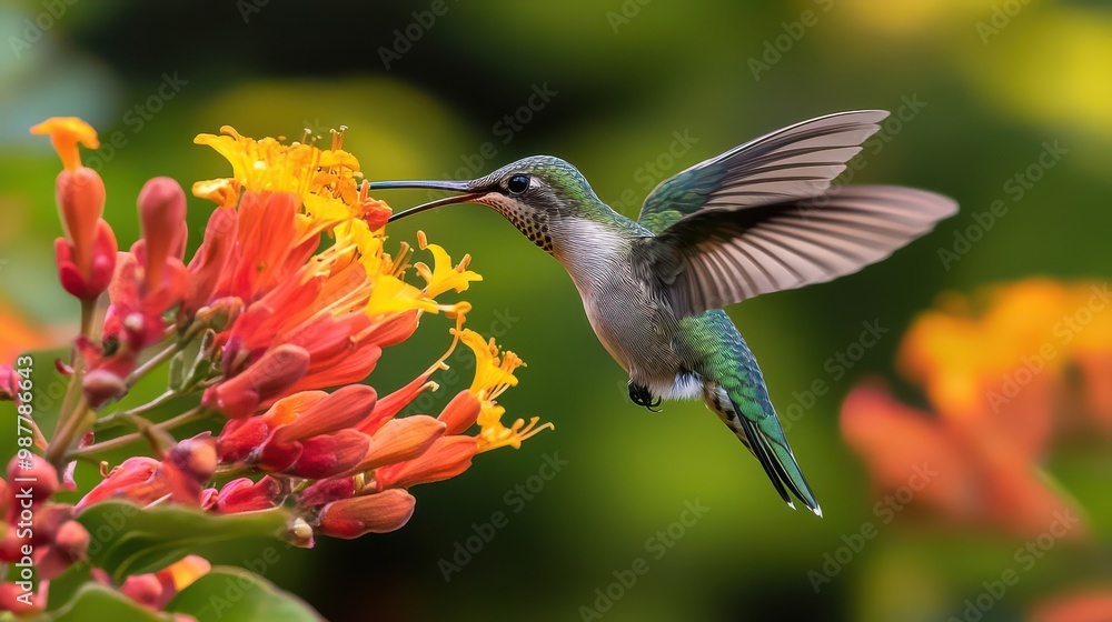 Hummingbird Feeding on Vibrant Flowers Hummingbird Feeding on Vibrant Flowers