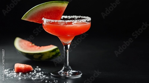 A watermelon margarita with a salted rim and a watermelon wedge, isolated on a matte black background for a sleek, cocktail-focused presentation photo