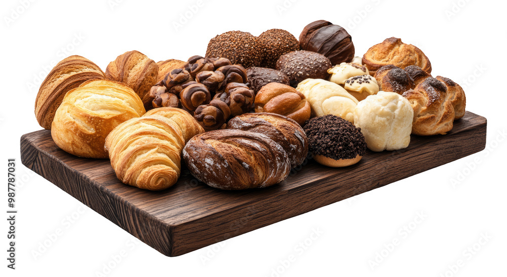 Assorted Pastries Displayed on Wooden Cutting Board with Transparent Background Assorted Pastries Displayed on Wooden Cutting Board with Transparent Background