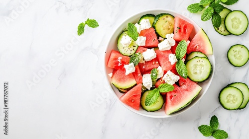 A watermelon salad with feta cheese, mint, and cucumber, isolated on a white marble background for a fresh, summery look