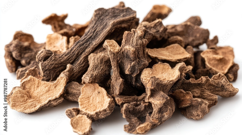 Obraz premium Dried Rhodiola Rosea Root Pieces with Twisted Dark Brown Appearance on White Background