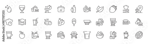 Mint bag, Frappe and Latte line icons. Pack of Apple, Food app, Latte coffee icon. Food, Mint leaves, Coffee cup pictogram. Water drop, Calories, Cooking beaker. Gas grill, Juice. Line icons. Vector
