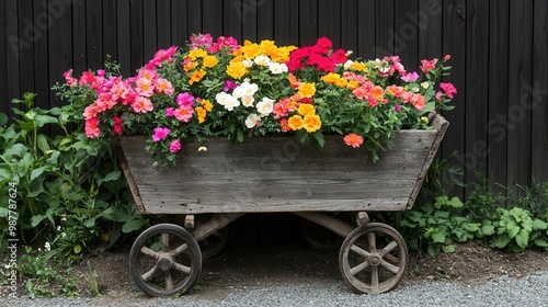 A rustic wooden wheelbarrow filled with blooming flowers and greenery, a symbol of garden abundance