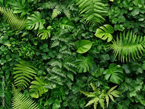 A vertical garden filled with a variety of ferns and vines, creating a living wall of greenery photo