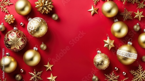 A festive arrangement of golden ornaments on a red background, perfect for holiday decoration.