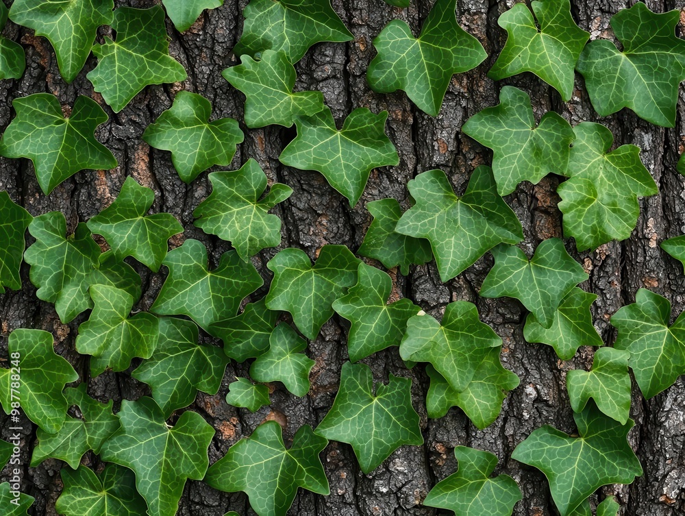 A cluster of wild ivy climbing up the trunk of an old oak tree, adding life and greenery to the bark A cluster of wild ivy climbing up the trunk of an old oak tree, adding life and greenery to the bark