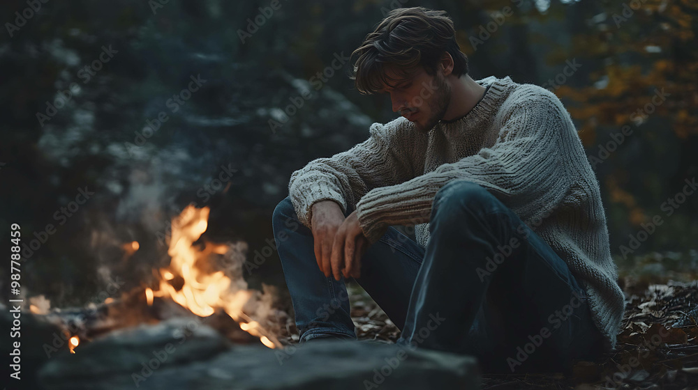 A man sits by a campfire in a forest, lost in thought. A man sits by a campfire in a forest, lost in thought.