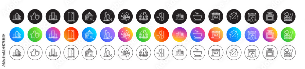Market sale, Mortgage and Buying house line icons. Round icon gradient buttons. Pack of Market, University campus, Bath icon. Buildings, Arena, Open door pictogram. Vector Market sale, Mortgage and Buying house line icons. Round icon gradient buttons. Pack of Market, University campus, Bath icon. Buildings, Arena, Open door pictogram. Vector