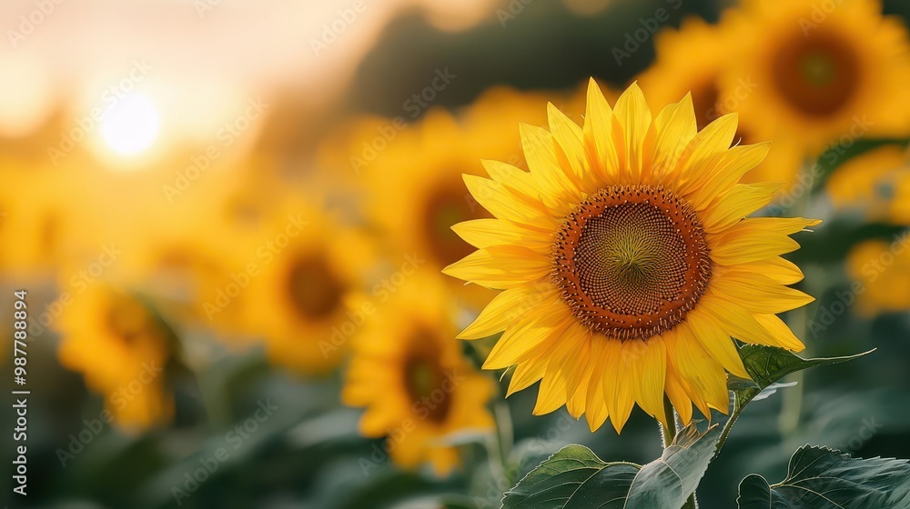 Fototapeta premium A field of tall sunflowers with their faces turned toward the sun, surrounded by green foliage