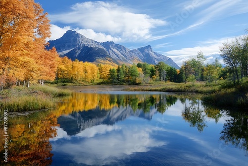 Scenic Autumn Landscape with Mountains and Reflections in Calm Lake