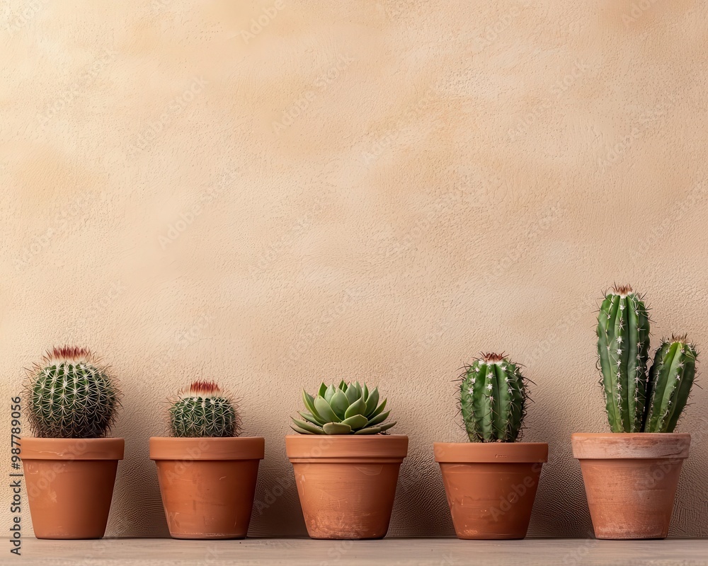 An arrangement of different cacti in clay pots, showcasing the diverse shapes and textures of desert plants An arrangement of different cacti in clay pots, showcasing the diverse shapes and textures of desert plants