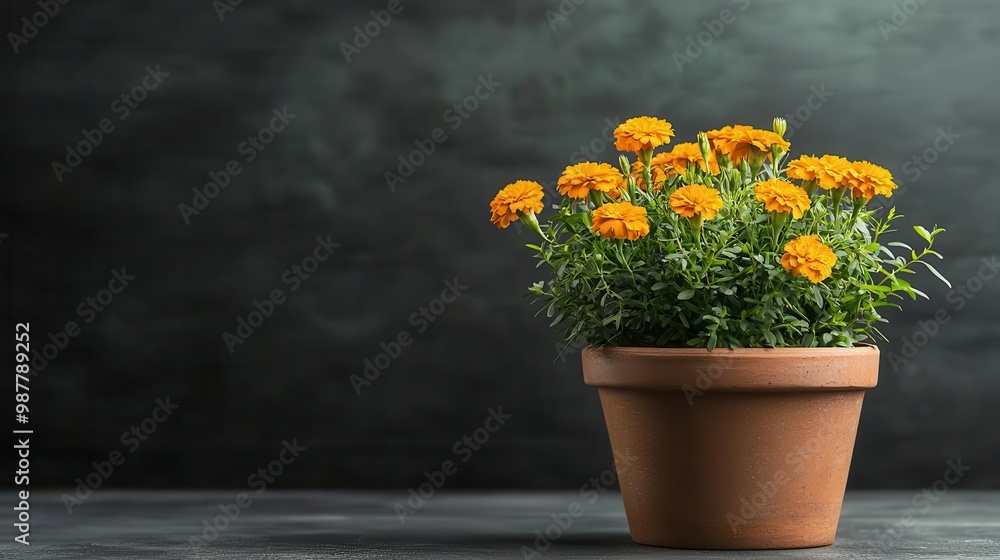 A terracotta pot filled with vibrant marigolds, surrounded by green foliage and herbs A terracotta pot filled with vibrant marigolds, surrounded by green foliage and herbs